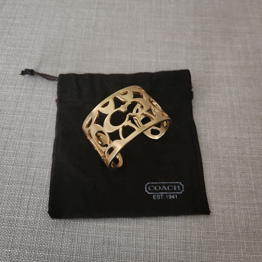 Rare Vintage Coach Gold Signature Monogram Cuff Bangle With Dust Bag